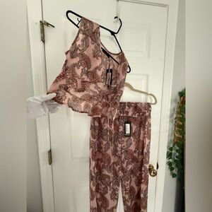 Nasty Gal Pink Paisley Sheer Tie-Front Ruffle Hem top & pants set swim coverup